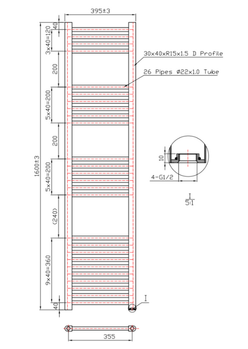 Kartell K-VIT K-Rail 22mm Straight Heated Towel Rail Textured Grey (STR416A)(STR516A)(STR616A)