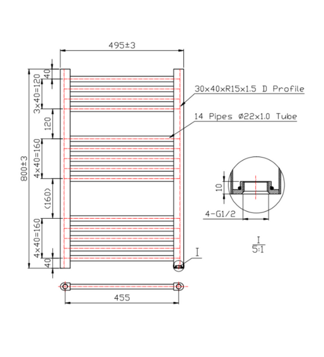 Kartell K-VIT K-Rail 22mm Straight Heated Towel Rail Black (STR408B)(STR508B)(STR608B)