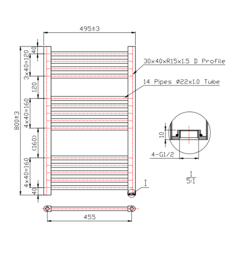 Kartell K-RAD 22mm Straight Heated Towel Rail 500mm x 800mm Brushed Brass