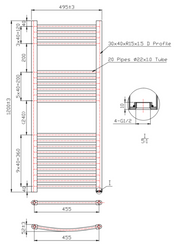 Kartell K-RAD 22mm Straight Heated Towel Rail 500mm x 1200mm Brushed Brass