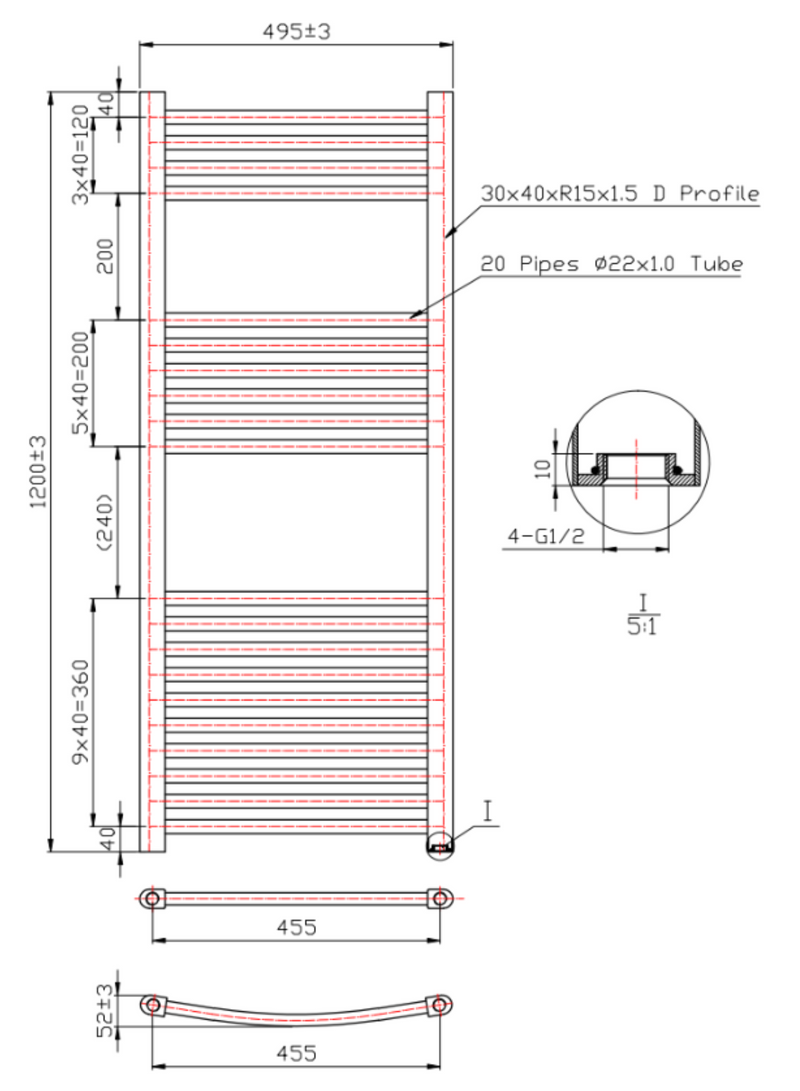Kartell K-RAD 22mm Straight Heated Towel Rail 500mm x 1200mm Brushed Brass