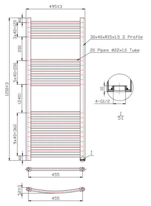 Kartell K-VIT K-Rail 22mm Straight Heated Towel Rail Black (STR412B)(STR512B)(STR612B)