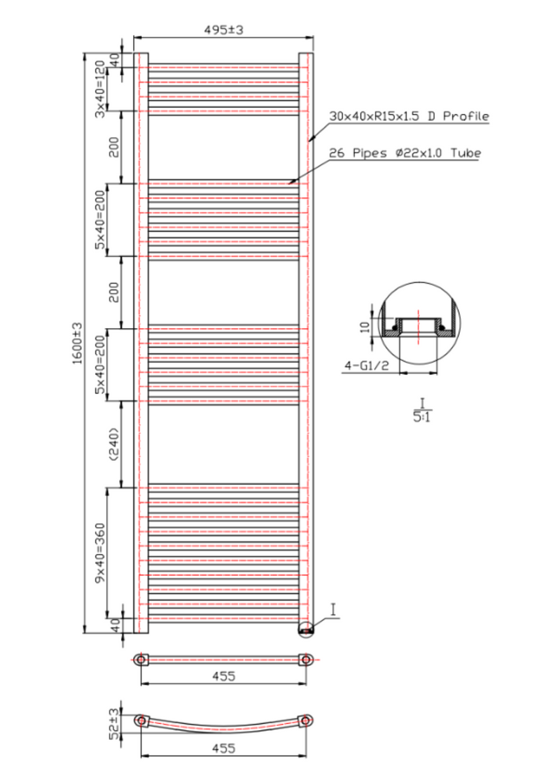 Kartell K-Rail 22mm Straight Heated Towel Rail Brushed Brass - All Sizes