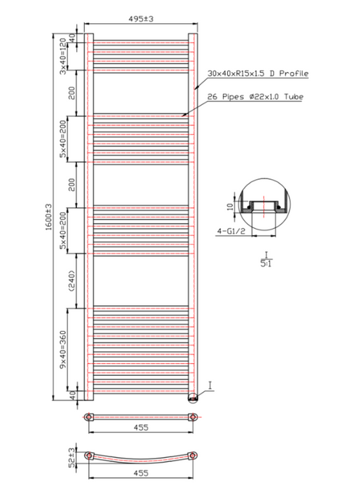 Kartell K-VIT K-Rail 22mm Straight Heated Towel Rail Brushed Brass (STR508BRASS)(STR512BRASS)(STR516BRASS)