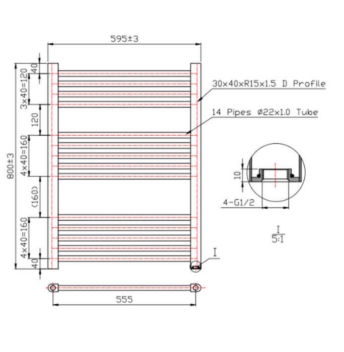 Kartell K-VIT K-Rail 22mm Straight Heated Towel Rail Textured Grey (STR408A)(STR508A)(STR608A)