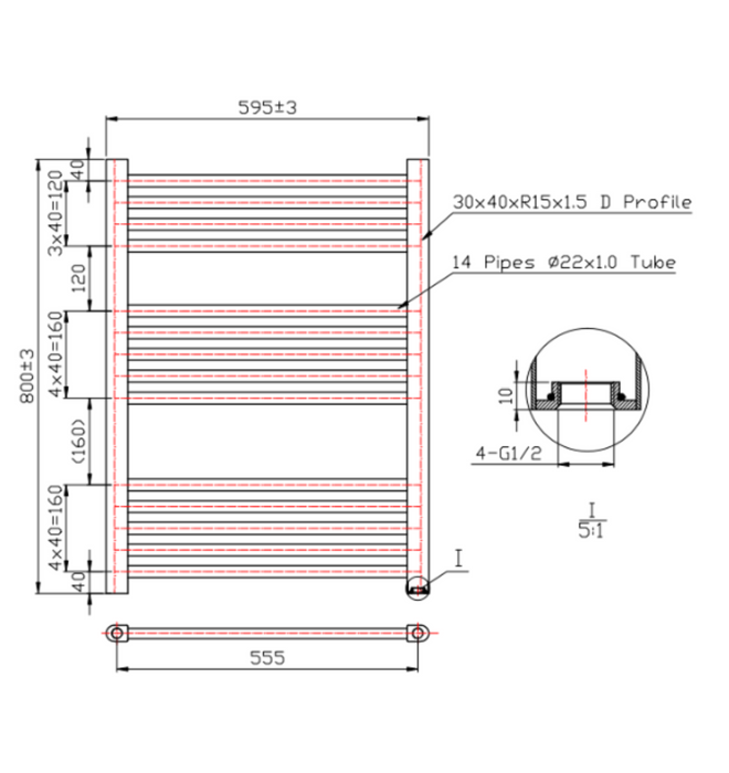 Kartell K-VIT K-Rail 22mm Straight Heated Towel Rail Black (STR408B)(STR508B)(STR608B)