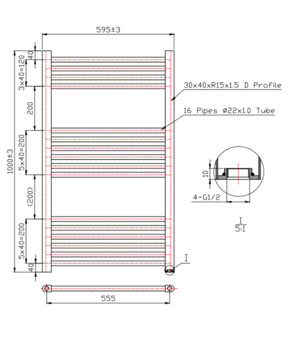 Kartell K-VIT K-Rail 22mm Straight Heated Towel Rail Textured Grey (STR410A)(STR510A)(STR610A)