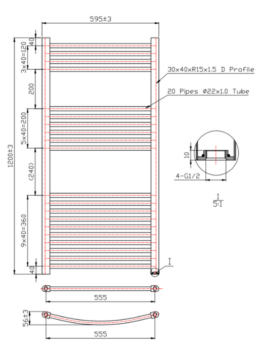 Kartell K-VIT K-Rail 22mm Straight Heated Towel Rail Textured Grey (STR412A)(SRE512A)(STR612A)