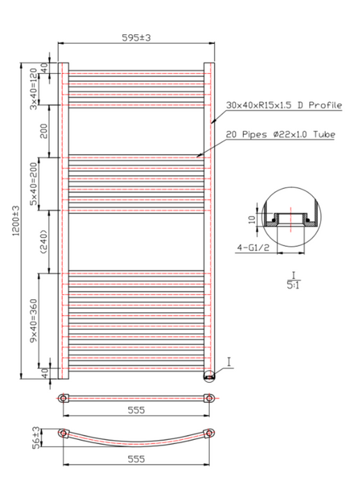 Kartell K-VIT K-Rail 22mm Straight Heated Towel Rail Black (STR412B)(STR512B)(STR612B)