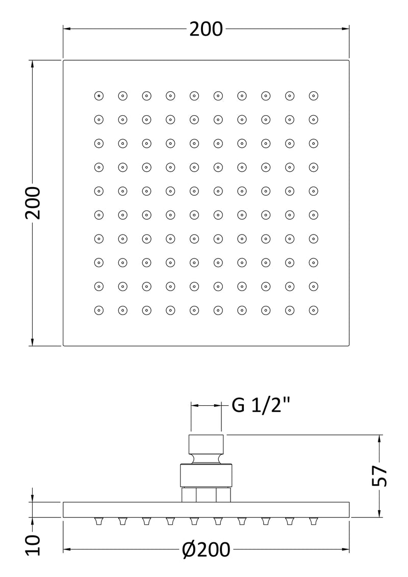 Nuie Chrome Fixed LED Shower Head dimensions line drawing