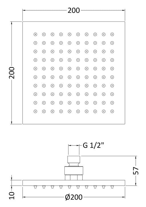 Nuie Chrome Fixed LED Shower Head dimensions line drawing