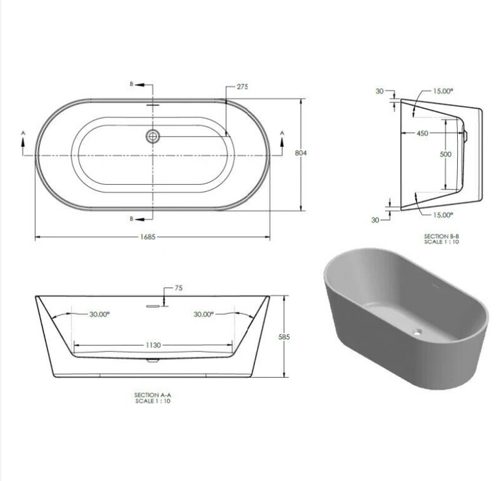 Kartell K-VIT Coast Freestanding Bath 1700 x 800mm (FSB1700CO)