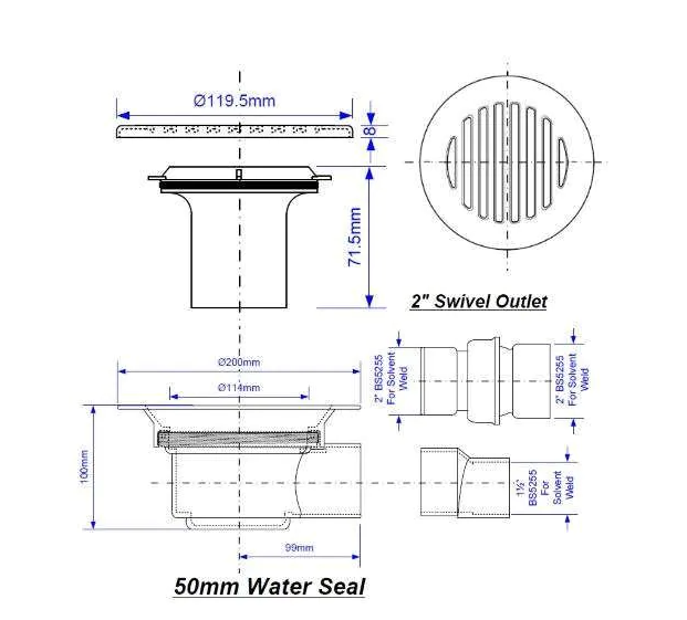 McAlpine TSG52 2 piece 50mm Gravity Trapped Gulley Slotted SS Cover For Vinyl Floor