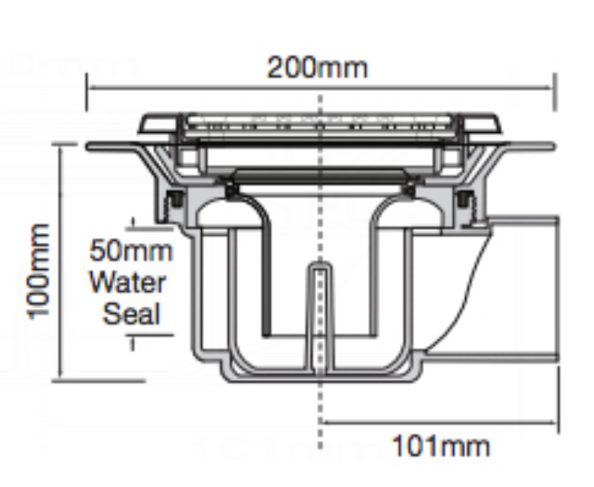 McAlpine TSG52-T150SS 2 Piece 50mm Water Seal Gravity Trapped Gully, Square Chrome Top For Tiled Floor