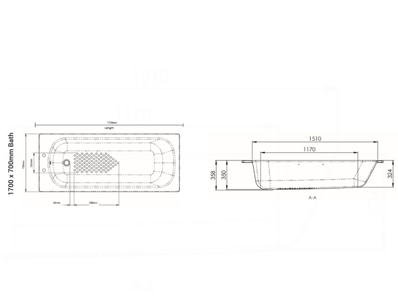 AKW 1700x700mm Steel Single Ended Anti Slip Bath (30800)