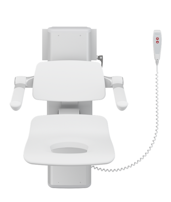 Pressalit PLUS Shower Seat 450 With Aperture, Electrically Height Adjustable And Manually Sideways Adjustable White (R7665000)