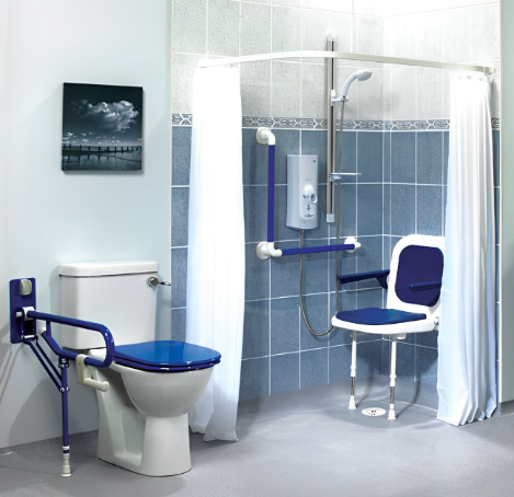 Essential Bathrooms DFG Wet Room Kit (Wet Floor Former, Waste, 2 x Grab Rails, Electric Shower, Curtain Rail & 2 Curtains)