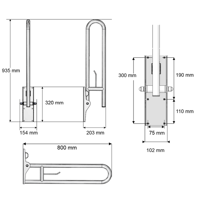 AKW 1800 Series Hinged Fold-Up Double Hairpin Rail (32mm) Stainless Steel (01811SS-LS)