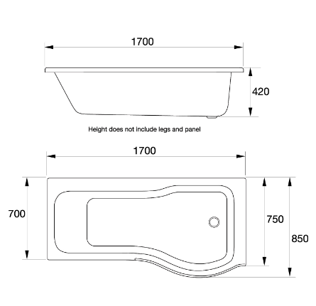 Kartell K-VIT Oblique P-Shaped Shower Bath 1700 x 850mm
