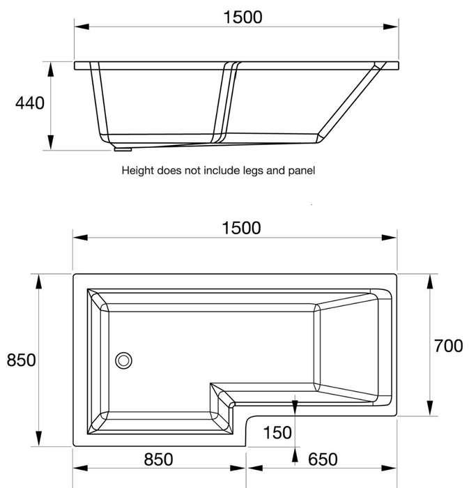 Kartell K-VIT Elite L-Shaped Square Shower Bath 1500 x 850mm Right Hand (BAT141EL)