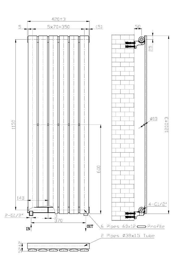 Kartell K-VIT Boston Vertical Radiator 1200 x 410mm White (BOS1200-410W)