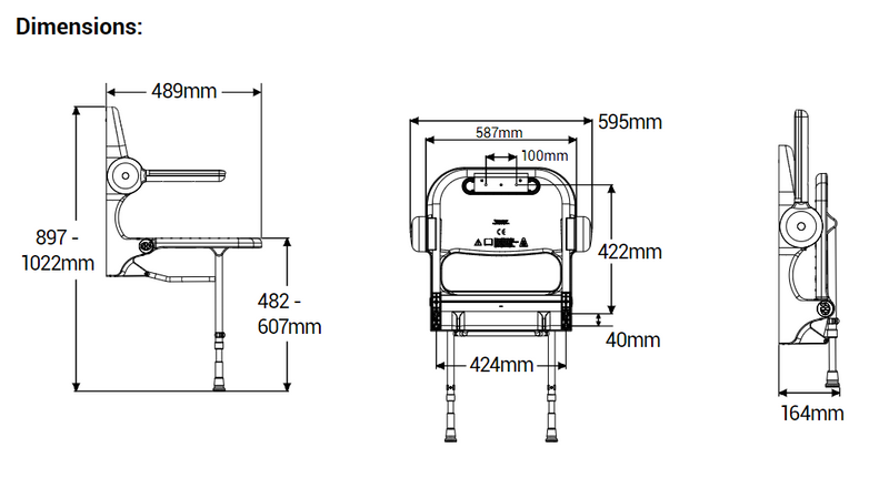 AKW 02230 Standard Fold Up Wall Mounted Shower Seat with Back and Blue Padded Arms