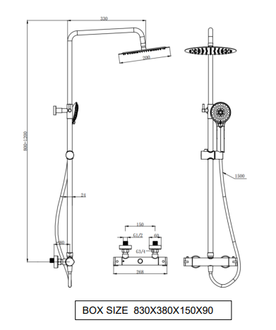 Kartell K-VIT Nero Round Option 1 Thermostatic Exposed Bar Shower with Overhead Drencher & Sliding Handset – Matt Black (SHO052NR)