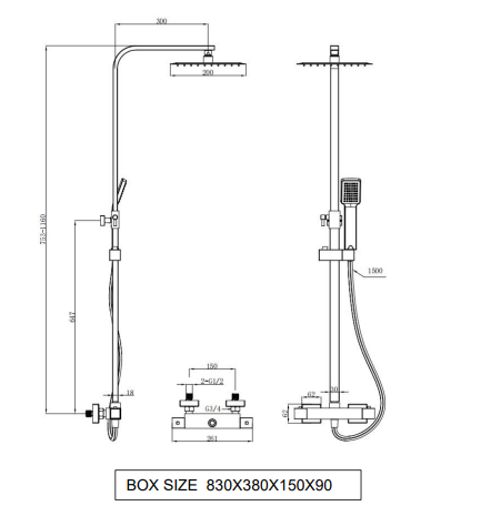 Kartell K-VIT Nero Square Option 1 Thermostatic Exposed Bar Shower with Overhead Drencher and Sliding Handset (SHO050NS)