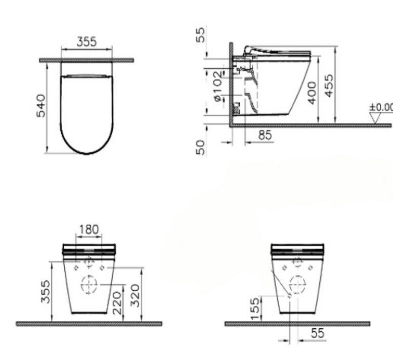 Vitra Integra Aquacare Rimless Wall Hung Toilet with Bidet Function and Soft Close Seat (70410036200)