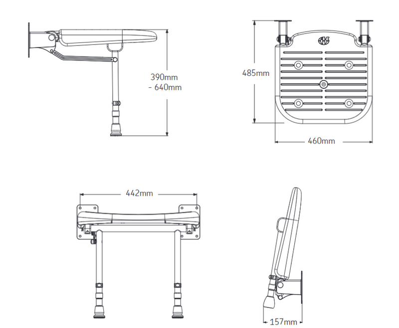 AKW 04070P Advanced Wall Mounted Fold Up Blue Padded Seat With Support Legs