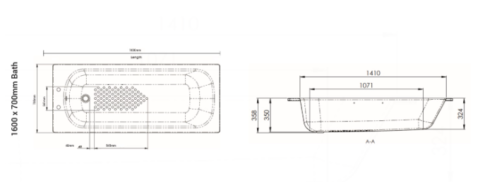 AKW 1600x700mm Steel Single Ended Anti Slip Bath (30801)
