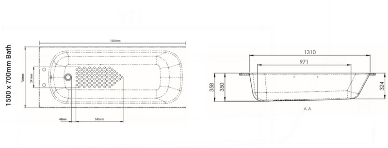 AKW 1500x700mm Steel Single Ended Anti Slip Bath (30802)