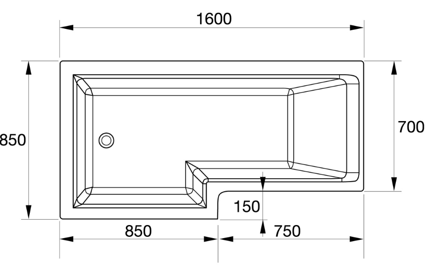 Kartell K-VIT Elite L-Shaped Shower Bath 1600x850mm Left Hand (BAT145EL)