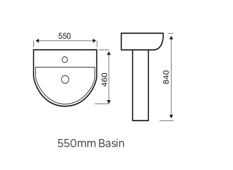 Kartell K-VIT Kameo 550mm 1 Tap Hole Basin with Full Pedestal-White Gloss (POT542KA-POT532KA))