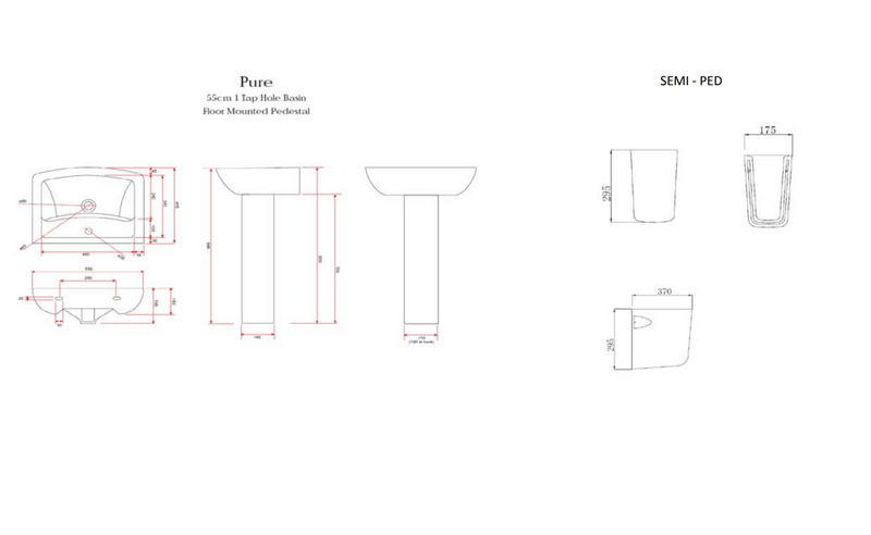 Kartell K-VIT Pure 550mm 1 Tap Hole Basin with Pedestal Options-White Gloss (POT260PU)