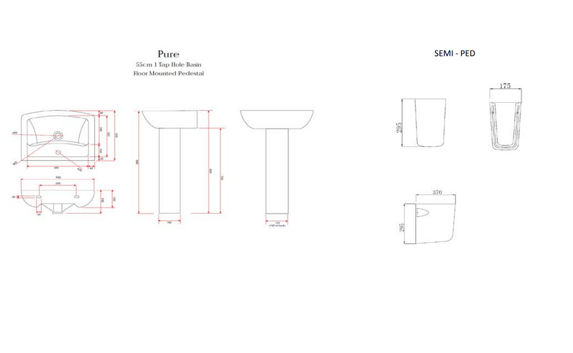 Kartell K-VIT Pure 550mm 1 Tap Hole Basin with Pedestal Options-White Gloss (POT260PU)