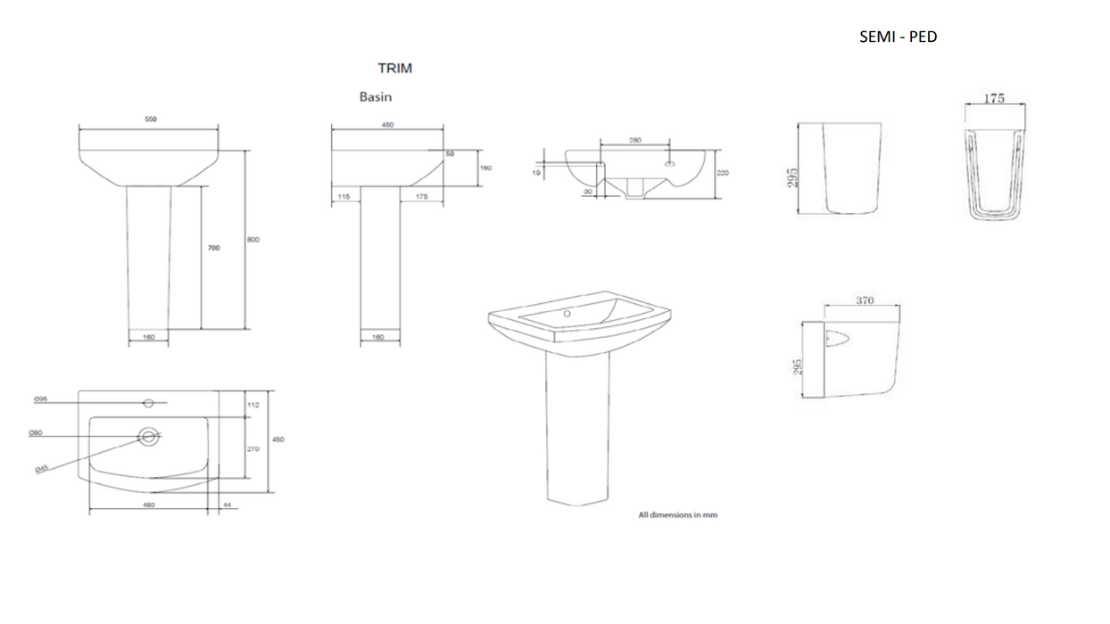 Kartell K-VIT Trim 550mm One Tap Hole Basin – With Full or Semi Pedestal (POT470TR- POT453SE- POT454SE)