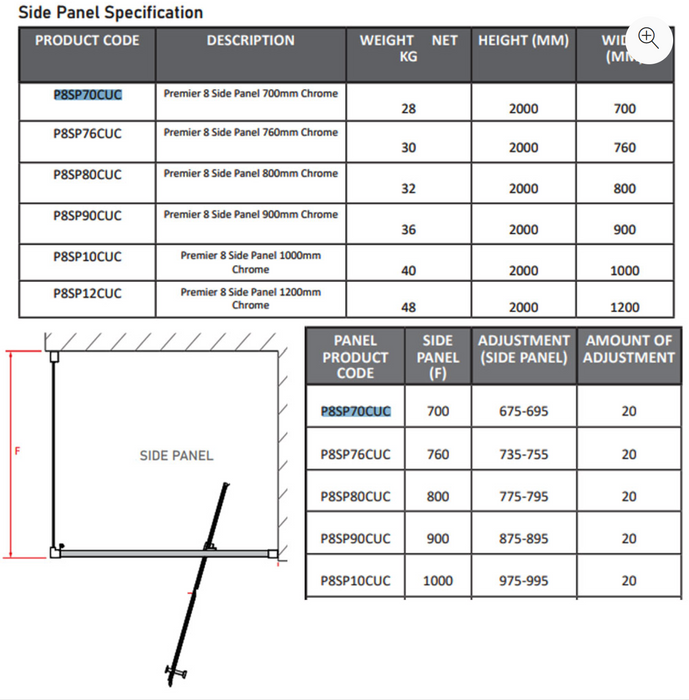 Impey Coram Premier 8 Side Panel Chrome 700mm Clear Glass (P8SP70CUC)