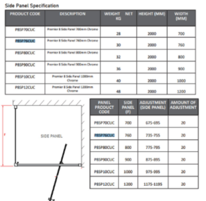 Impey Coram Premier 8 Side Panel Chrome 760mm Clear Glass (P8SP76CUC)