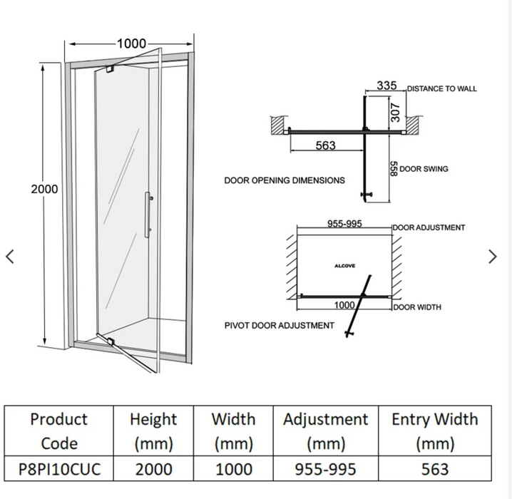 Impey Coram Premier 8 8mm Plain Glass 1000mm Wide Pivot Shower Door Chrome (P8PI10CUC)