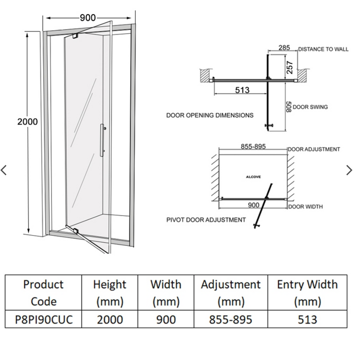 Impey Coram Premier 8 8mm Plain Glass 900mm Wide Pivot Shower Door Chrome (P8PI90CUC)