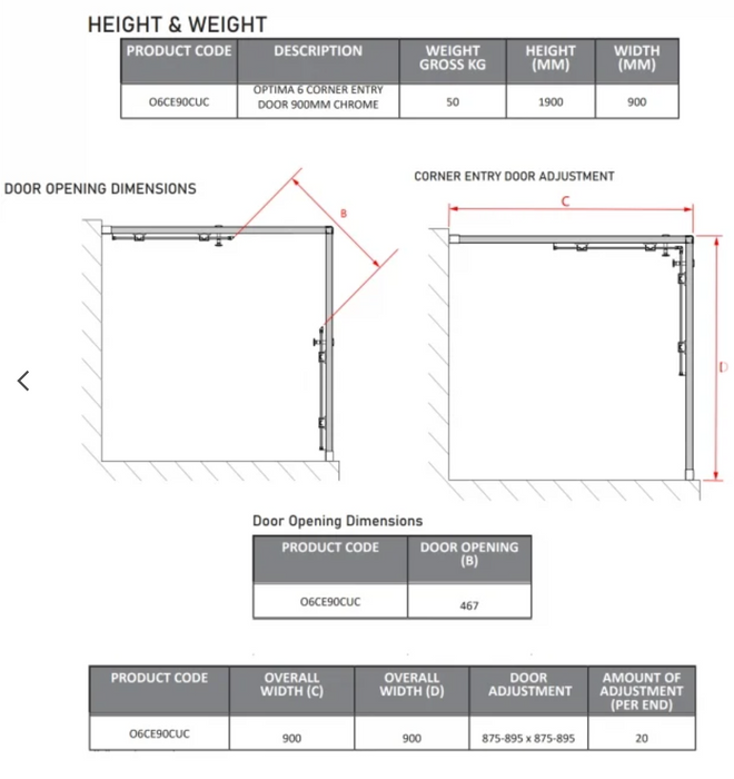 Impey Coram Optima 6 Corner Entry Door 900mm Chrome (O6CE90CUC)