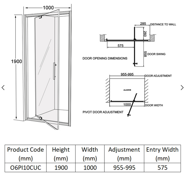 Impey Coram Optima 6 1000mm Wide Pivot Shower Door Chrome Clear Glass (O6PI10CUC)