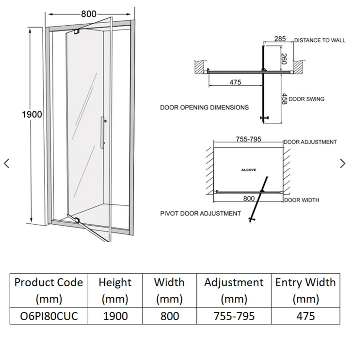 Impey Coram Optima 6 800mm Wide Pivot Shower Door Clear Glass Chrome (O6PI80CUC)