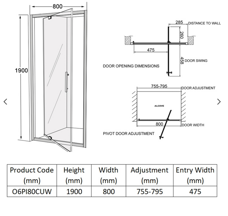 Impey Coram Optima 6 Pivot Shower Door 800mm Wide White Clear Glass (O6PI80CUW)