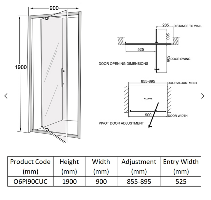 Impey Coram Optima 6 900mm Wide Pivot Shower Door Clear Glass Chrome (O6PI90CUC)