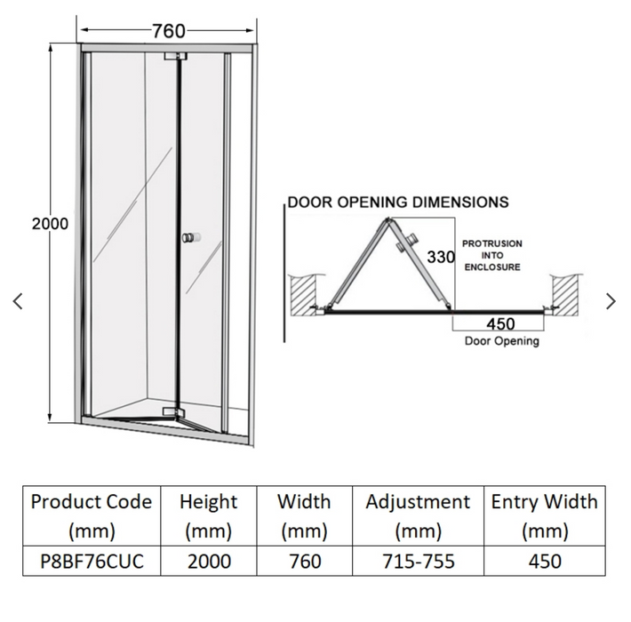 Impey Coram Premier 8 8mm Plain Glass 760mm Wide Bi-Fold Shower Door Chrome (P8BF76CUC)