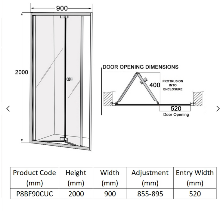 Impey Coram Premier 8 8mm Plain Glass  900mm Wide Bi-Fold Shower Door Chrome (P8BF90CUC)