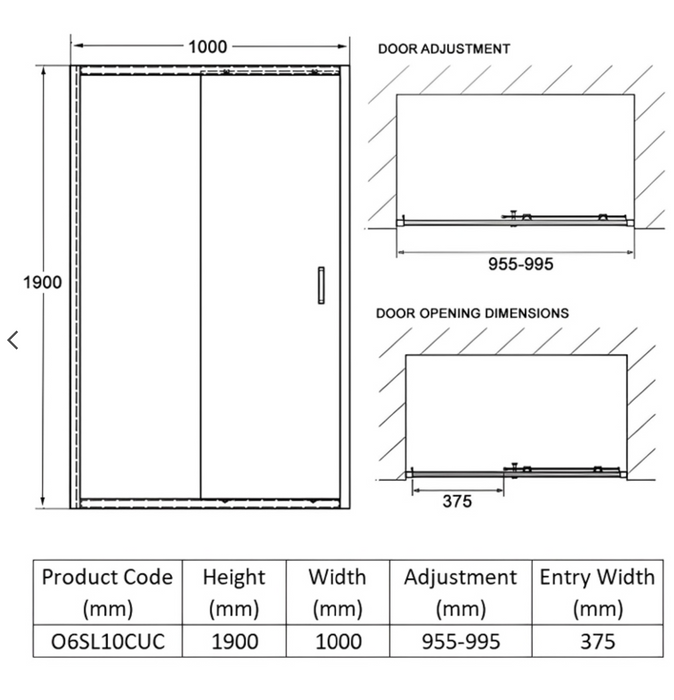Impey Coram Optima 6 6mm Plain Glass 1000mm Wide Sliding Shower Door Chrome (O6SL10CUC)