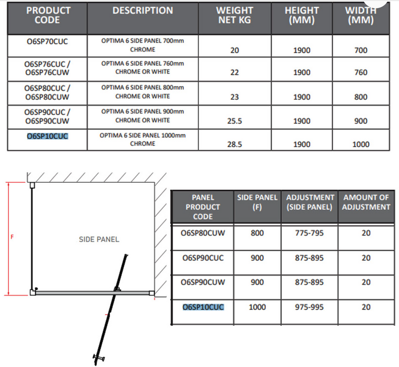 Impey Coram Optima 6 Side Panel 1000mm Clear Glass Chrome (O6SP10CUC)